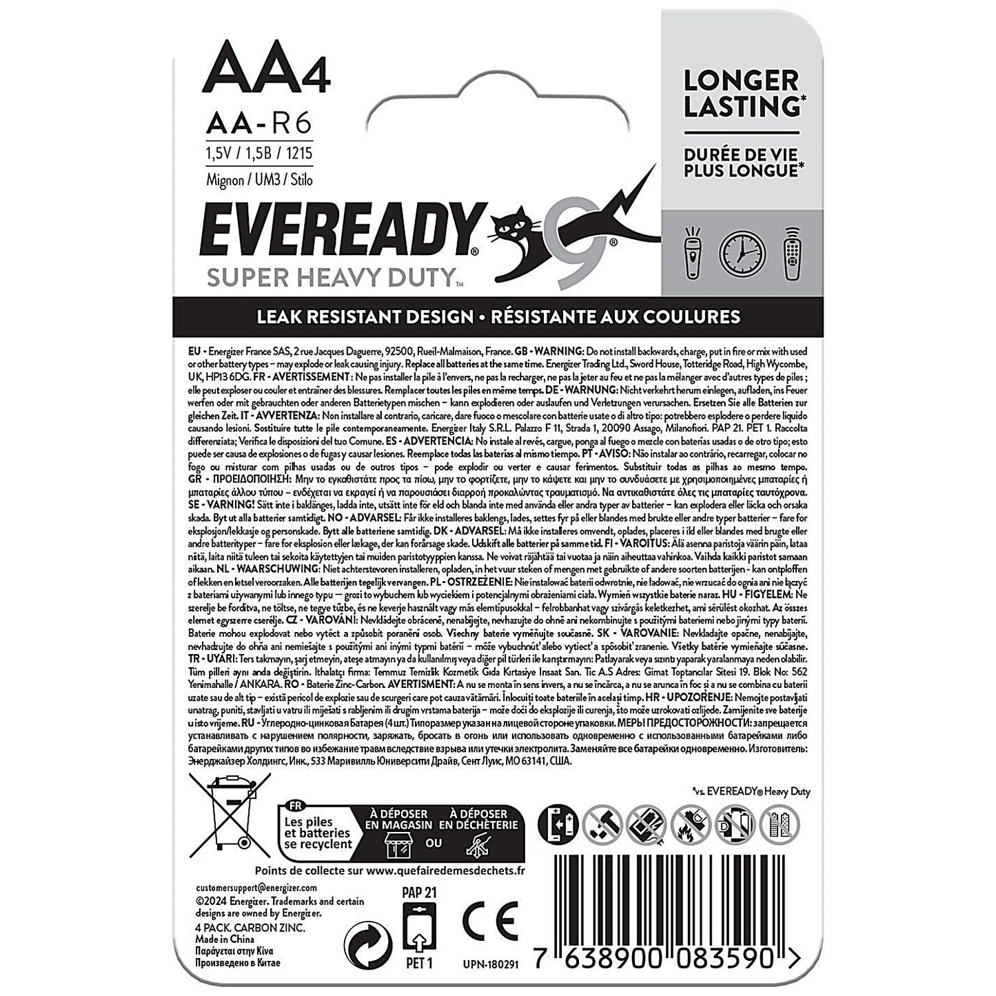 Eveready Super Heavy Duty AA Carbon Zinc Batteries, Pack of 4