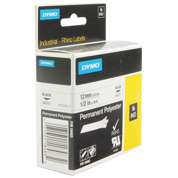 Dymo 18483 Rhino Polyester Tape, Black on White, 12mmx5.5m