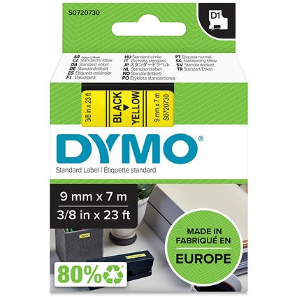Dymo 40918 D1 Tape, Black on Yellow, 9mmx7m