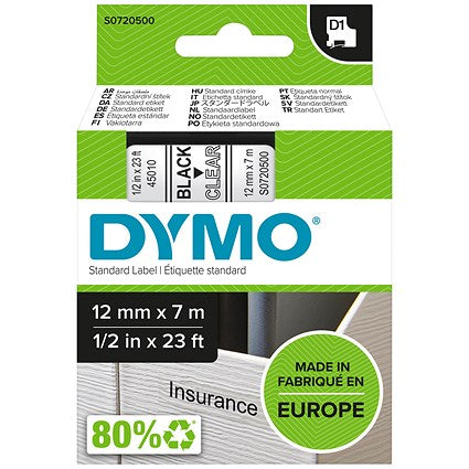 Dymo 45010 D1 Tape, Black on Clear, 12mmx7m