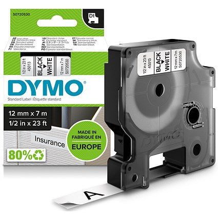 Dymo 45013 D1 Tape, Black on White, 12mmx7m