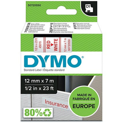 Dymo 45015 D1 Tape, Red on White, 12mmx7m