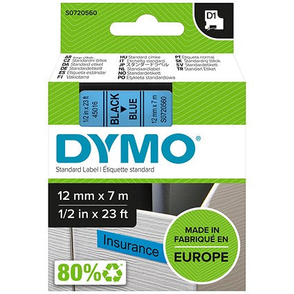 Dymo 45016 D1 Tape, Black on Blue, 12mmx7m