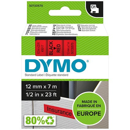 Dymo 45017 D1 Tape, Black on Red, 12mmx7m
