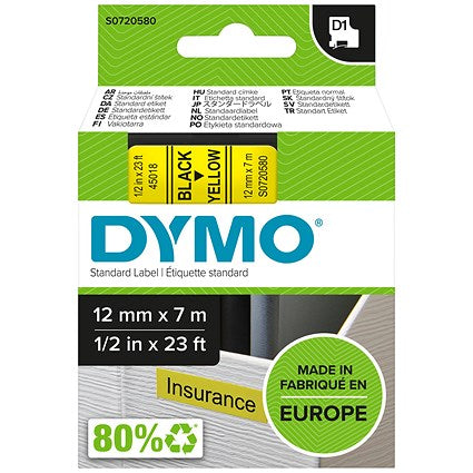 Dymo 45018 D1 Tape, Black on Yellow, 12mmx7m