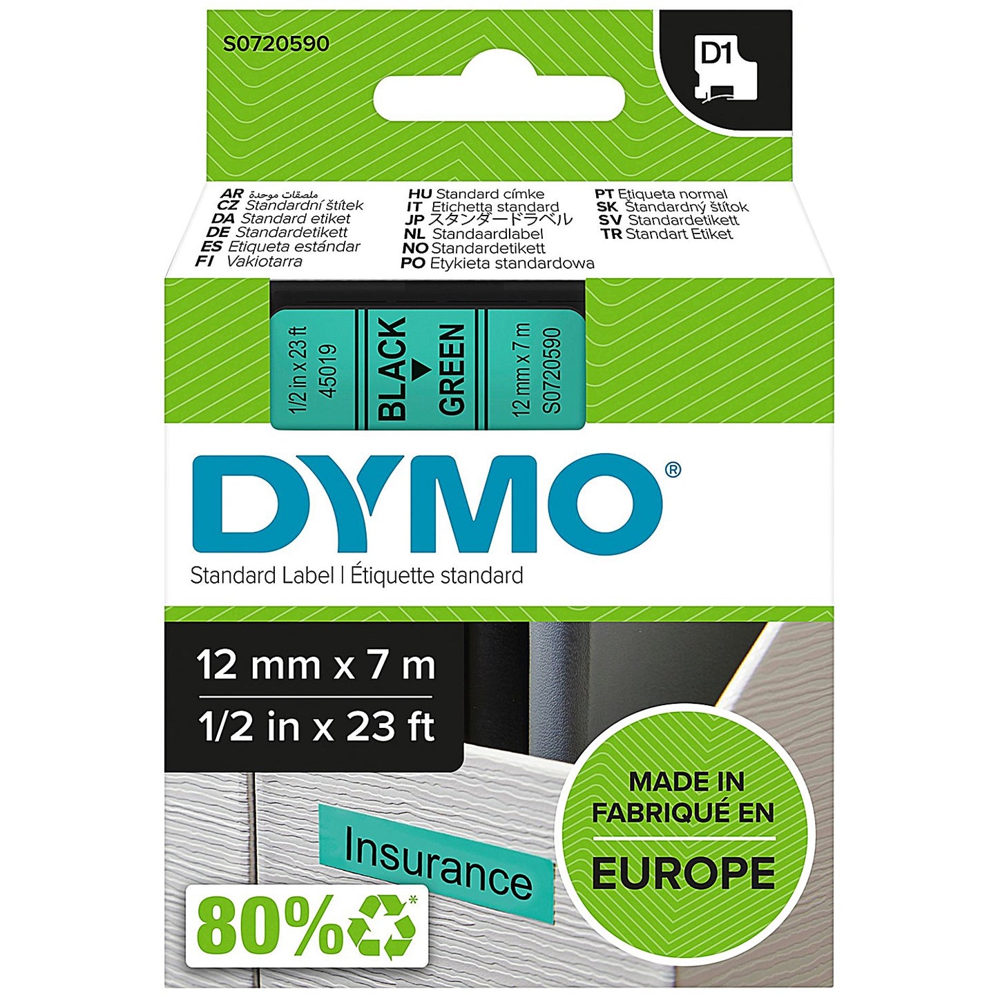 Dymo 45019 D1 Tape, Black on Green, 12mmx7m