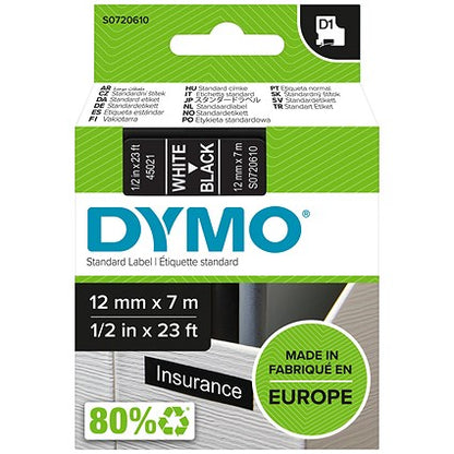 Dymo 45021 D1 Tape, White on Black, 12mmx7m