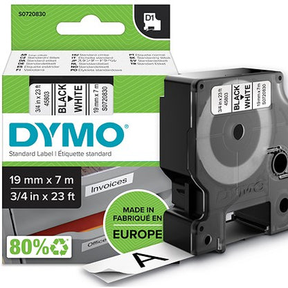 Dymo 45803 D1 Tape, Black on White, 19mmx7m
