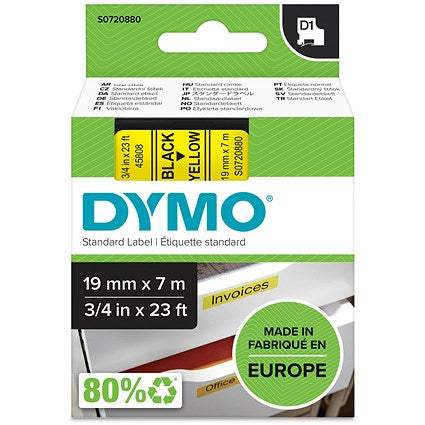 Dymo 45808 D1 Tape, Black on Yellow, 19mmx7m