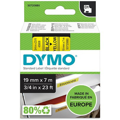 Dymo 45808 D1 Tape, Black on Yellow, 19mmx7m