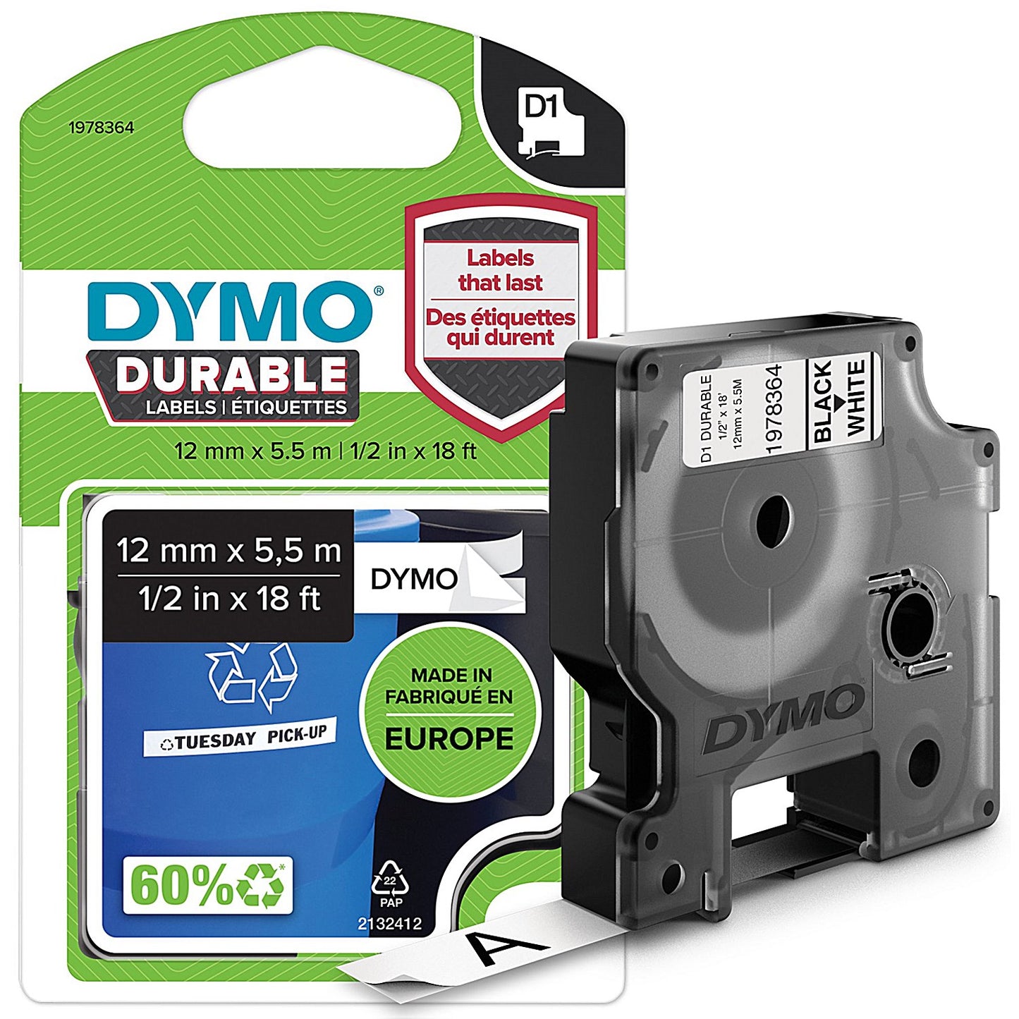 Dymo 1978364 D1 Durable Industrial Tape, Black on White, 12mmx5.5M