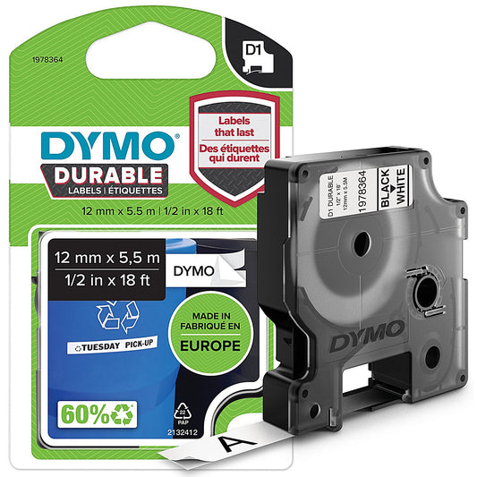 Dymo 1978364 D1 Durable Industrial Tape, Black on White, 12mmx5.5M