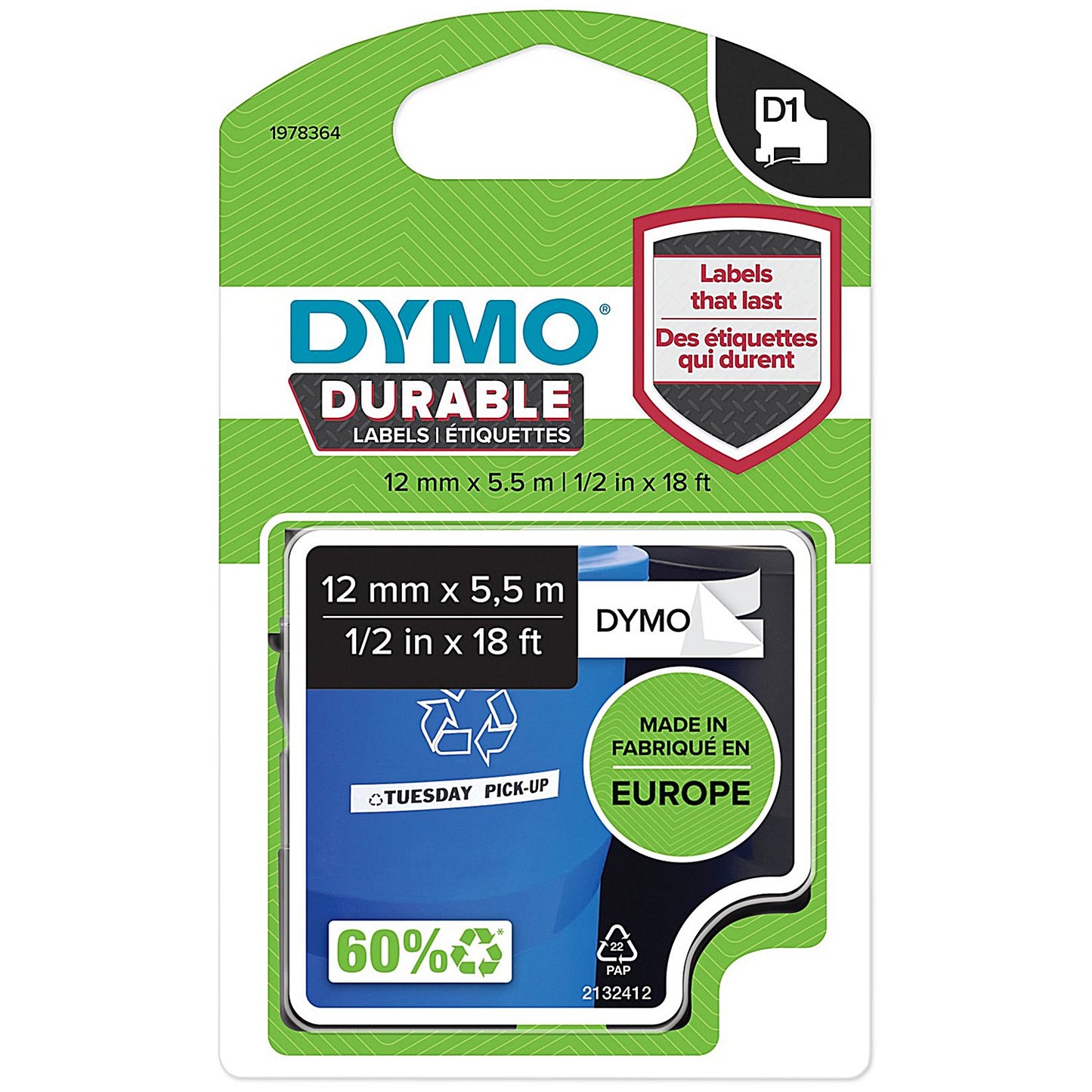 Dymo 1978364 D1 Durable Industrial Tape, Black on White, 12mmx5.5M