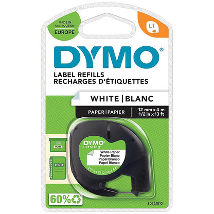 Dymo 91200 LetraTag Paper Tape, Black on White, 12mmx4m