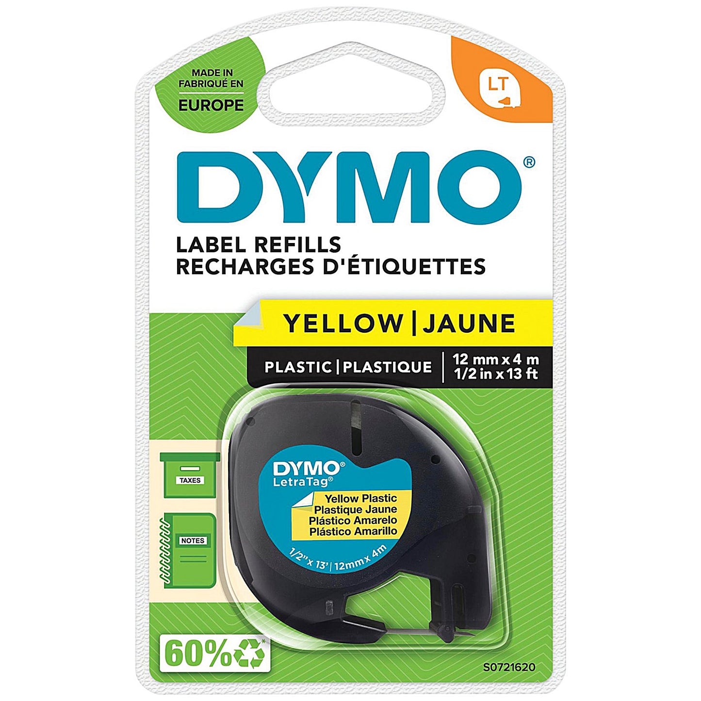 Dymo 91202 LetraTag Plastic Tape, Black on Yellow, 12mmx4m
