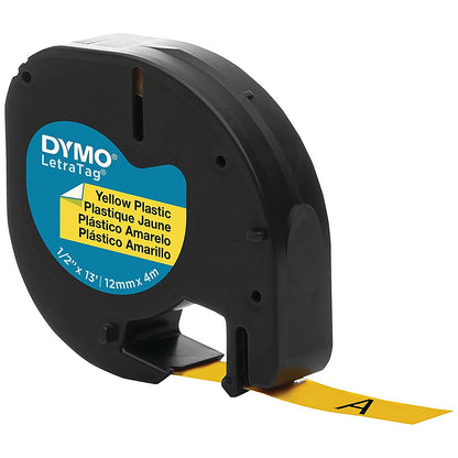 Dymo 91202 LetraTag Plastic Tape, Black on Yellow, 12mmx4m