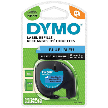 Dymo S0721650 LetraTag Plastic Tape, Black on Blue, 12mmx4m