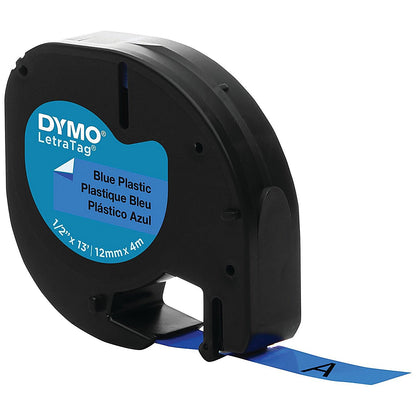 Dymo S0721650 LetraTag Plastic Tape, Black on Blue, 12mmx4m