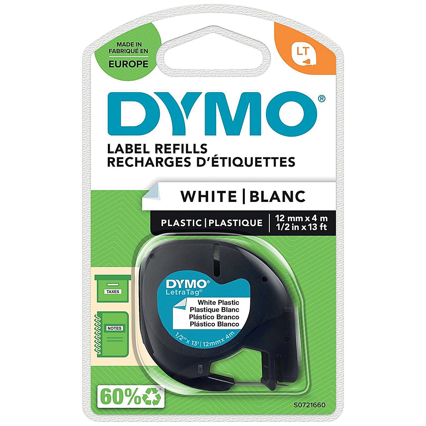 Dymo S0721660 LetraTag Plastic Tape, 12mmx4m, Black on White