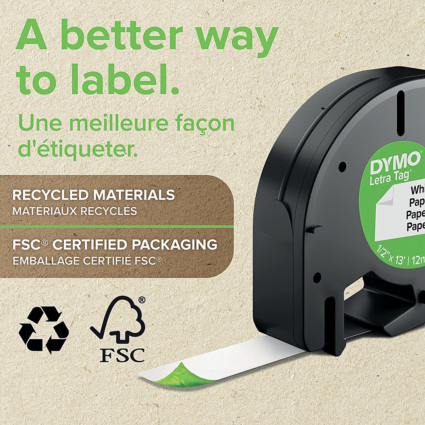 Dymo S0721660 LetraTag Plastic Tape, 12mmx4m, Black on White