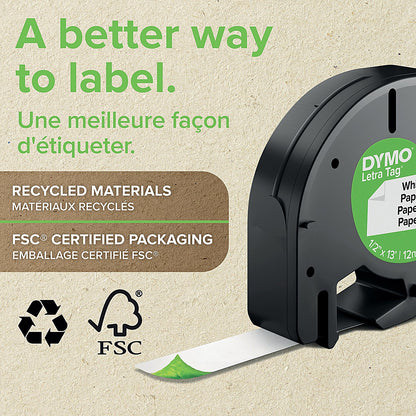 Dymo S0721660 LetraTag Plastic Tape, 12mmx4m, Black on White