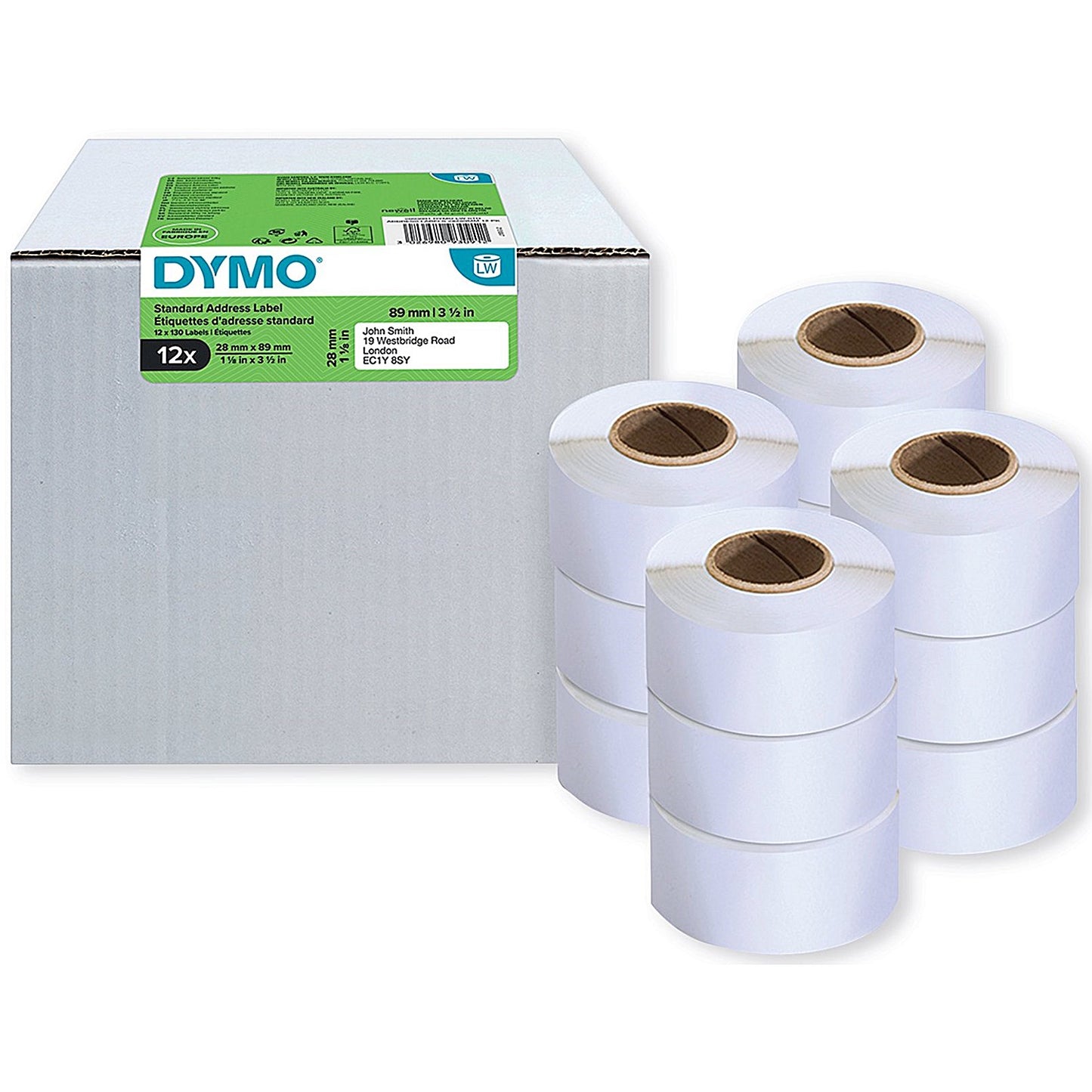 Dymo 99010 LabelWriter Standard Thermal Address Labels, Black on White, 28x89mm, 130 Labels Per Roll, Pack of 12