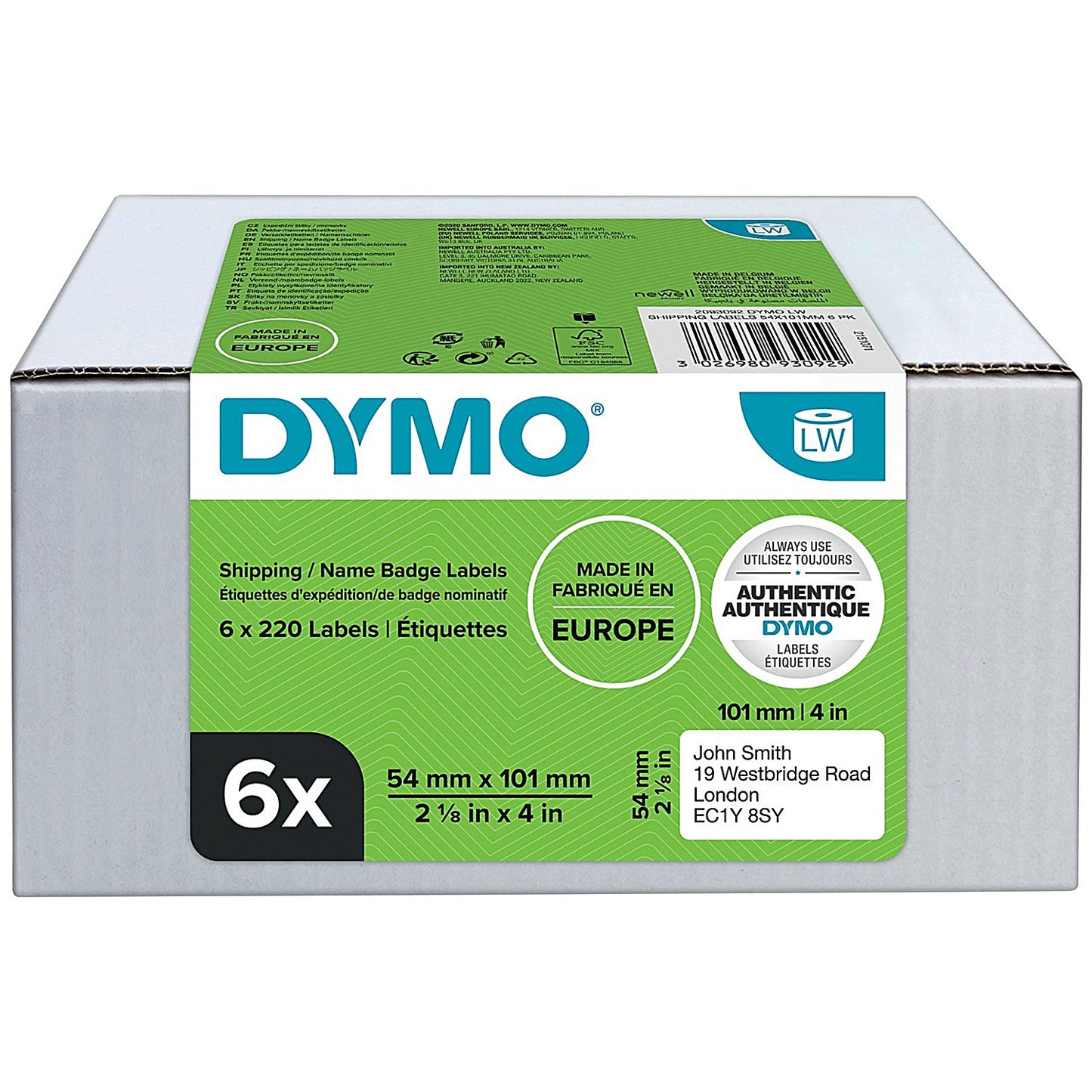 Dymo 99014 LabelWriter Thermal Shipping Labels, Black on White, 54x101mm, 220 Labels Per Roll, Pack of 6