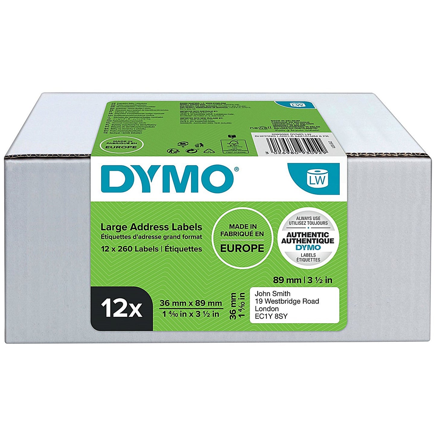 Dymo 99012 LabelWriter Large Thermal Address Labels, Black on White, 36x89mm, 260 Labels Per Roll, Pack of 12