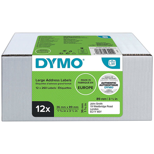 Dymo 99012 LabelWriter Large Thermal Address Labels, Black on White, 36x89mm, 260 Labels Per Roll, Pack of 12