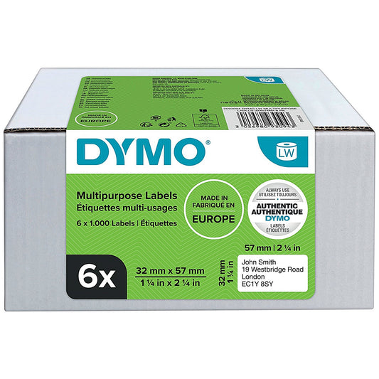 Dymo 11354 LabelWriter Thermal Labels, Black on White, 32x57mm, 1000 Labels Per Roll, Pack of 6