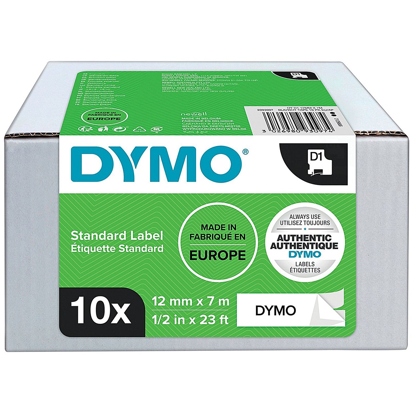 Dymo 45013 D1 Label Tape, Black on White, 12mmx7mm, Pack of 10 Rolls