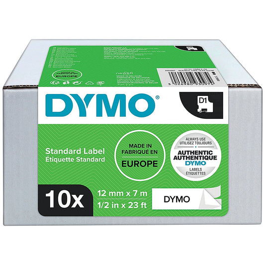 Dymo 45013 D1 Label Tape, Black on White, 12mmx7mm, Pack of 10 Rolls