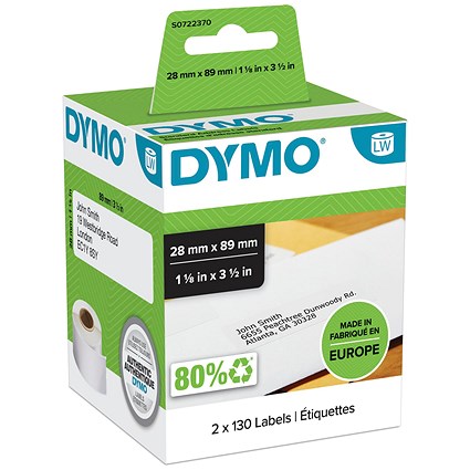Dymo 99010 LabelWriter Standard Thermal Address Labels, Black on White, 28mmx89mm, 260 Labels Per Roll