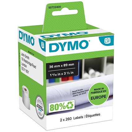 Dymo 99012 LabelWriter Large Thermal Address Labels, Black on White, 36mmx89mm, 520 Labels Per Roll