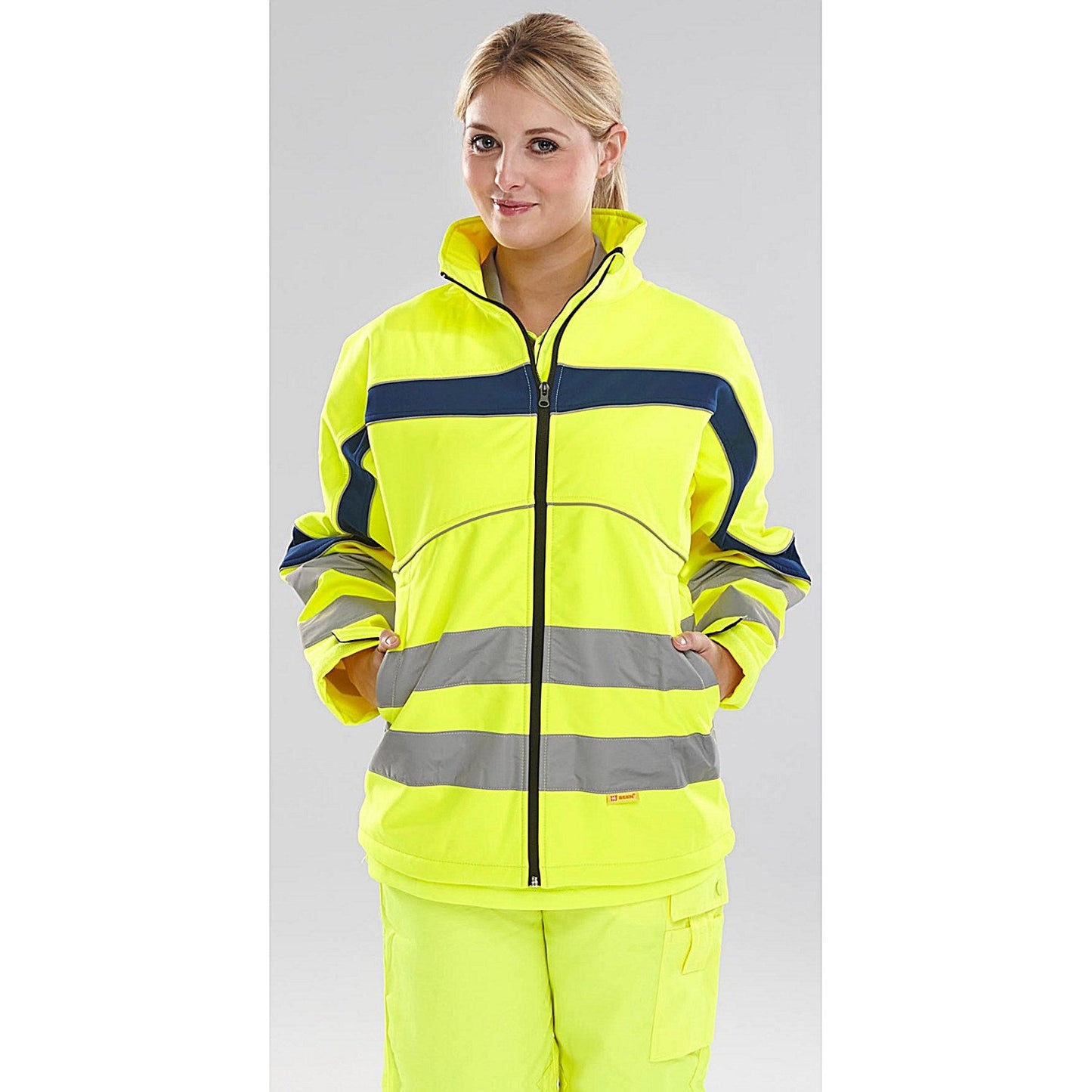 Beeswift Eton Hi-Viz Soft Shell Jacket, Saturn Yellow & Navy Blue, Small