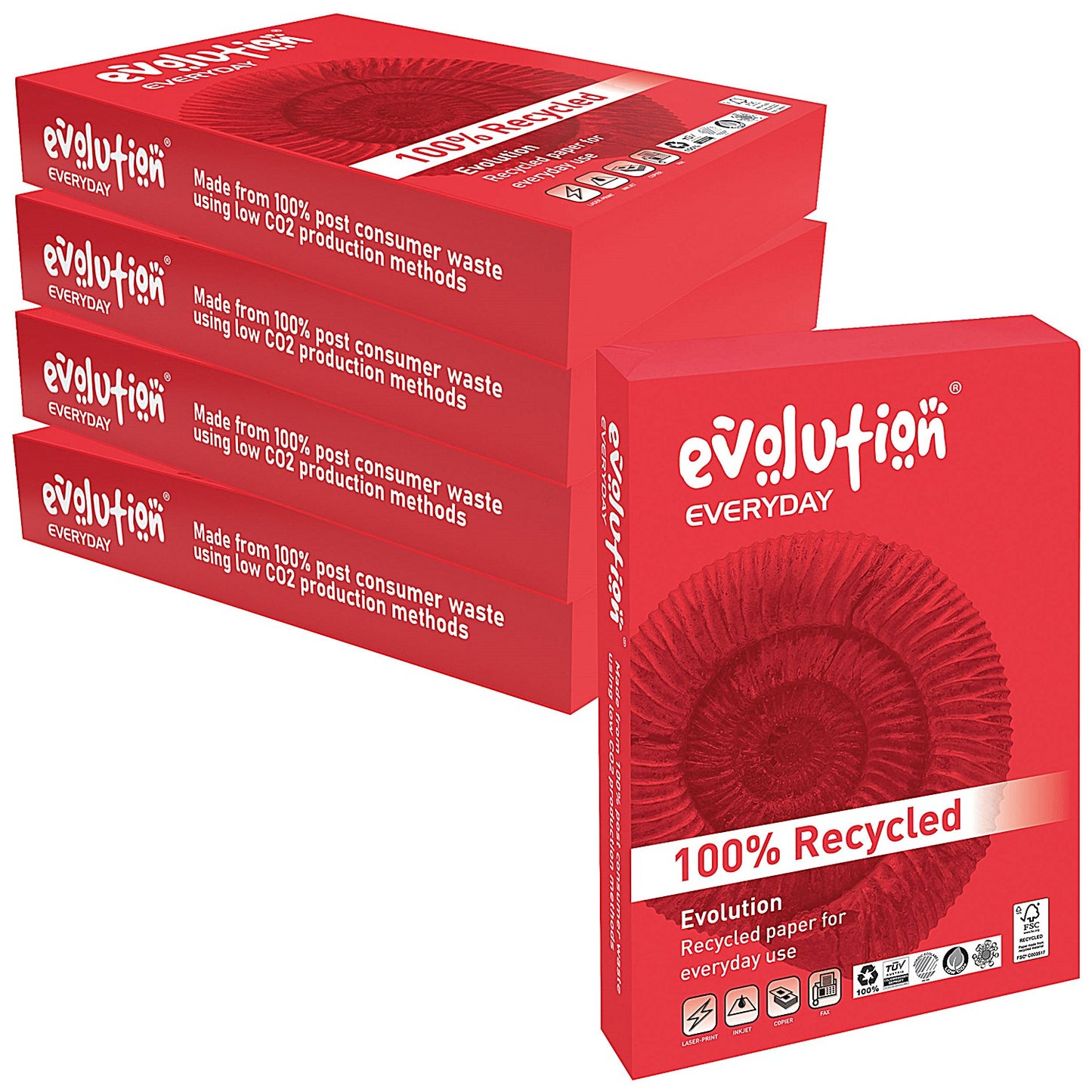 Evolution A4 Everyday Recycled Paper, White, 75gsm, Box (5 x 500 Sheets)
