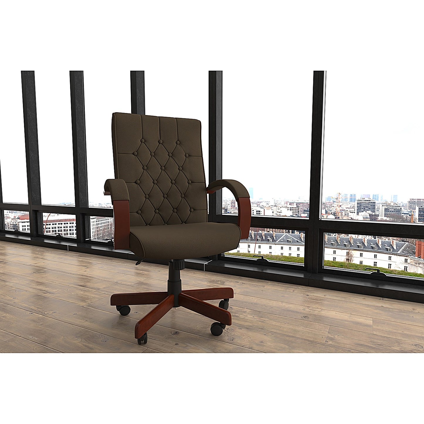 Chesterfield Executive Chair, Fixed Height Arms, Brown