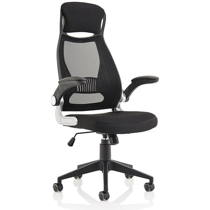 Saturn Executive Mesh Back Chair, Headrest, Folding Arms, Black