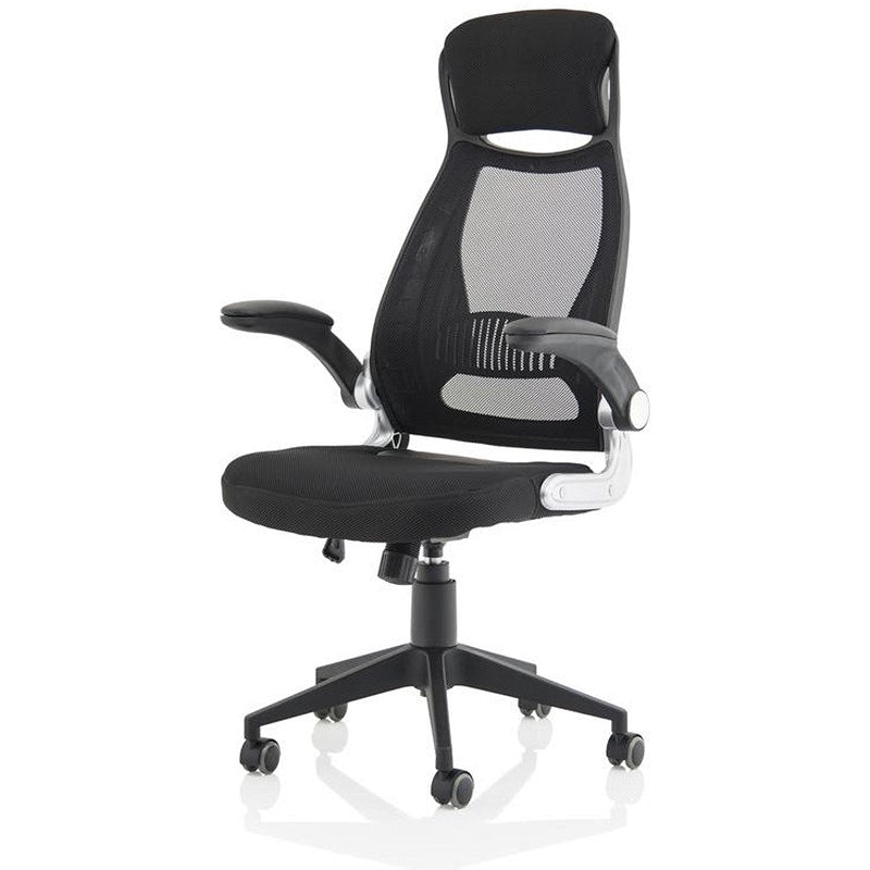 Saturn Executive Mesh Back Chair, Headrest, Folding Arms, Black