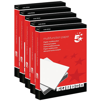 5 Star A4 Multifunction Paper, White, 75gsm, Box (5 x 500 Sheets)