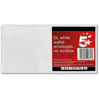 5 Star DL Plain Wallet Envelopes, Self Seal, 80gsm, White, Pack of 25