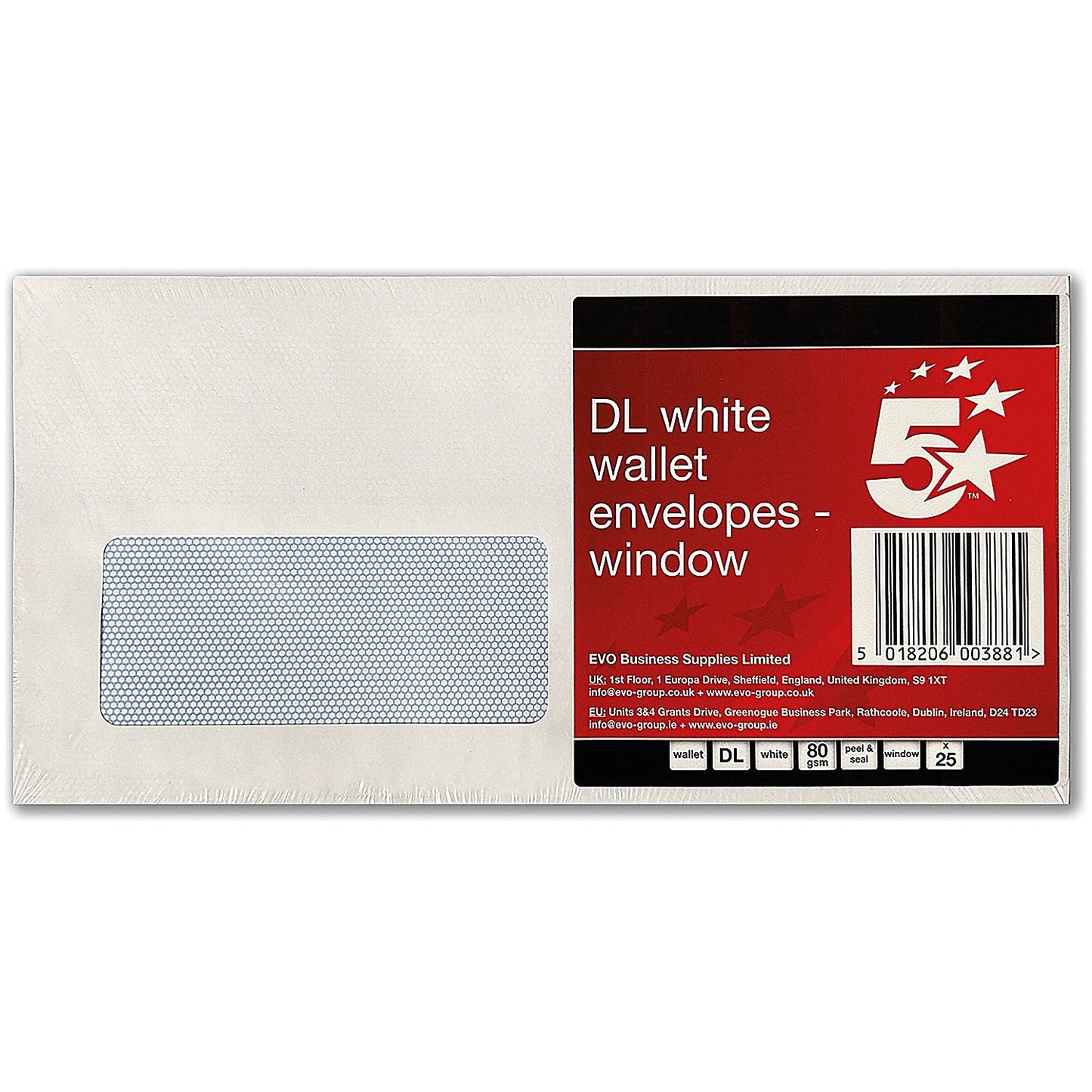 5 Star DL Window Envelopes, Peel and Seal, 80gsm, White, Pack of 25