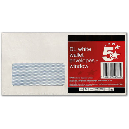 5 Star DL Window Envelopes, Peel and Seal, 80gsm, White, Pack of 25