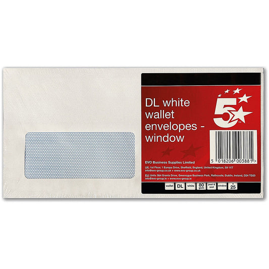 5 Star DL Window Envelopes, Peel and Seal, 80gsm, White, Pack of 25