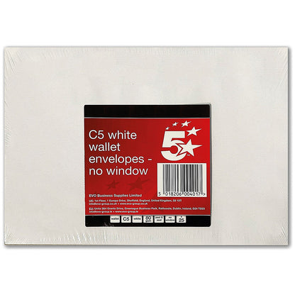 5 Star C5 Pocket Envelopes, Peel and Seal, 80gsm, White, Pack of 25