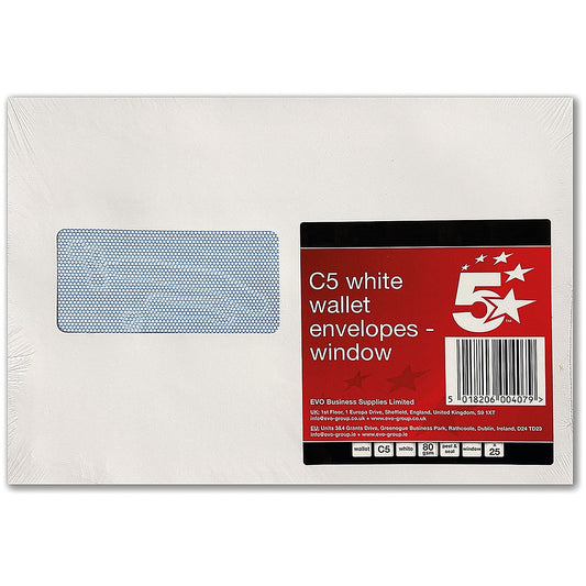 5 Star C5 Window Pocket Envelopes, Peel and Seal, 80gsm, White, Pack of 25
