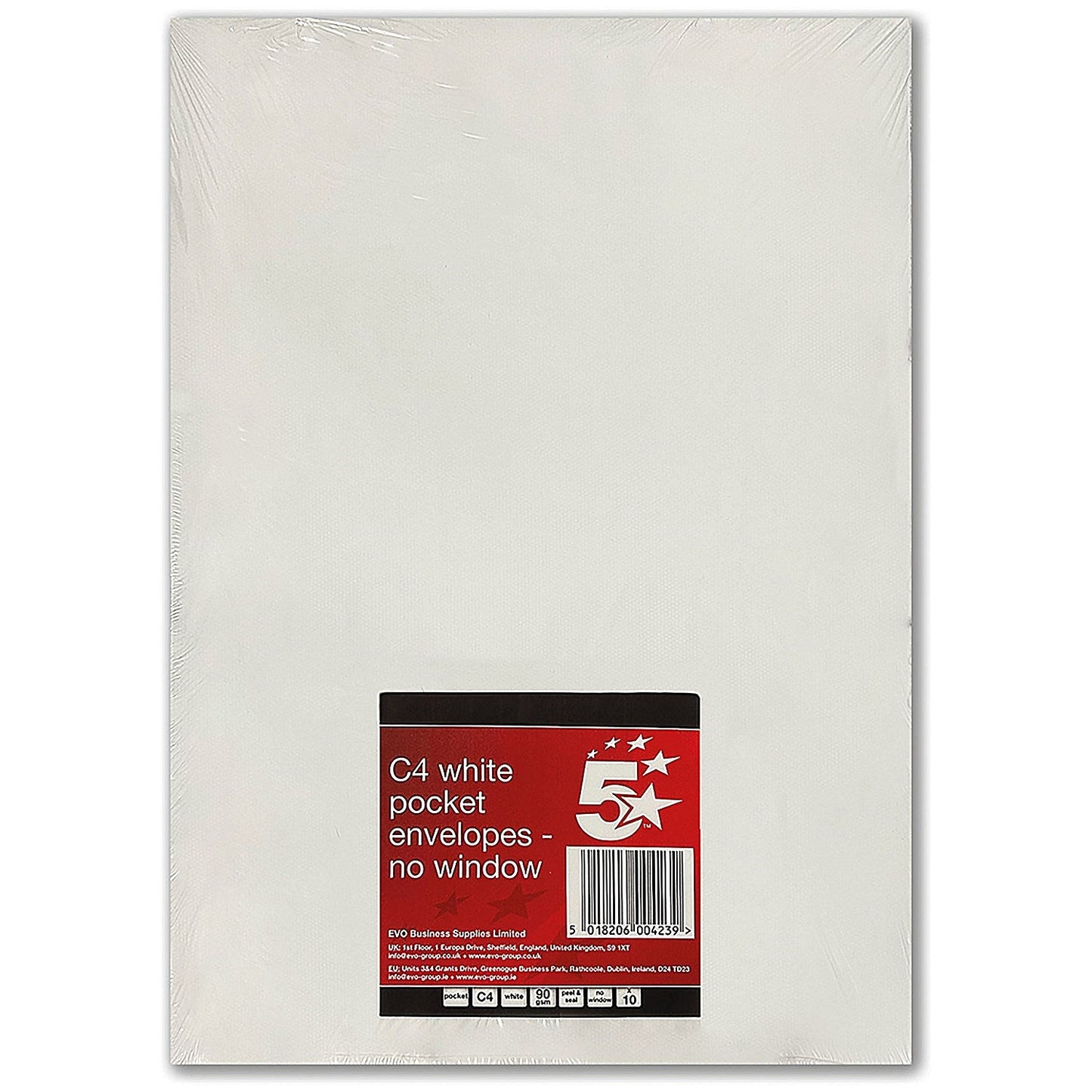 5 Star C4 Pocket Envelopes, Peel and Seal, 90gsm, White, Pack of 10