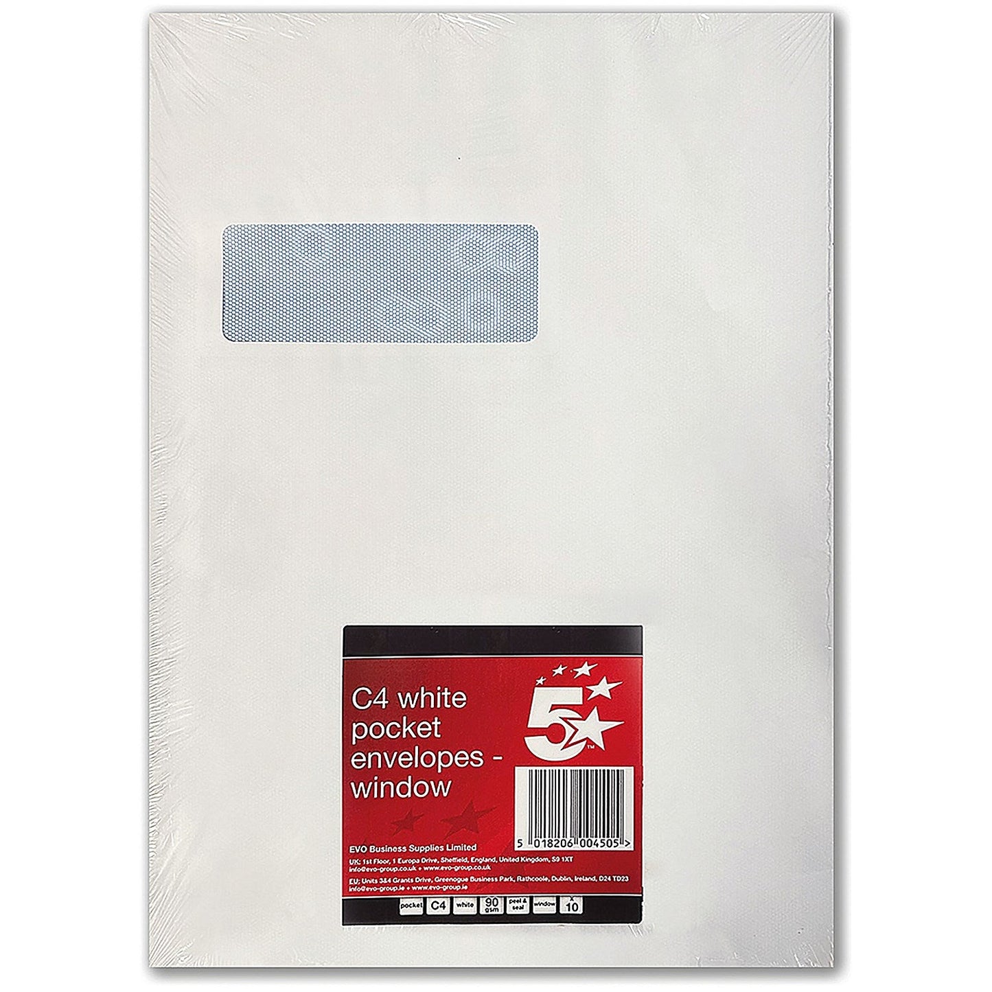 5 Star C4 Window Envelopes, Peel And Seal, 90gsm, White, Pack of 10