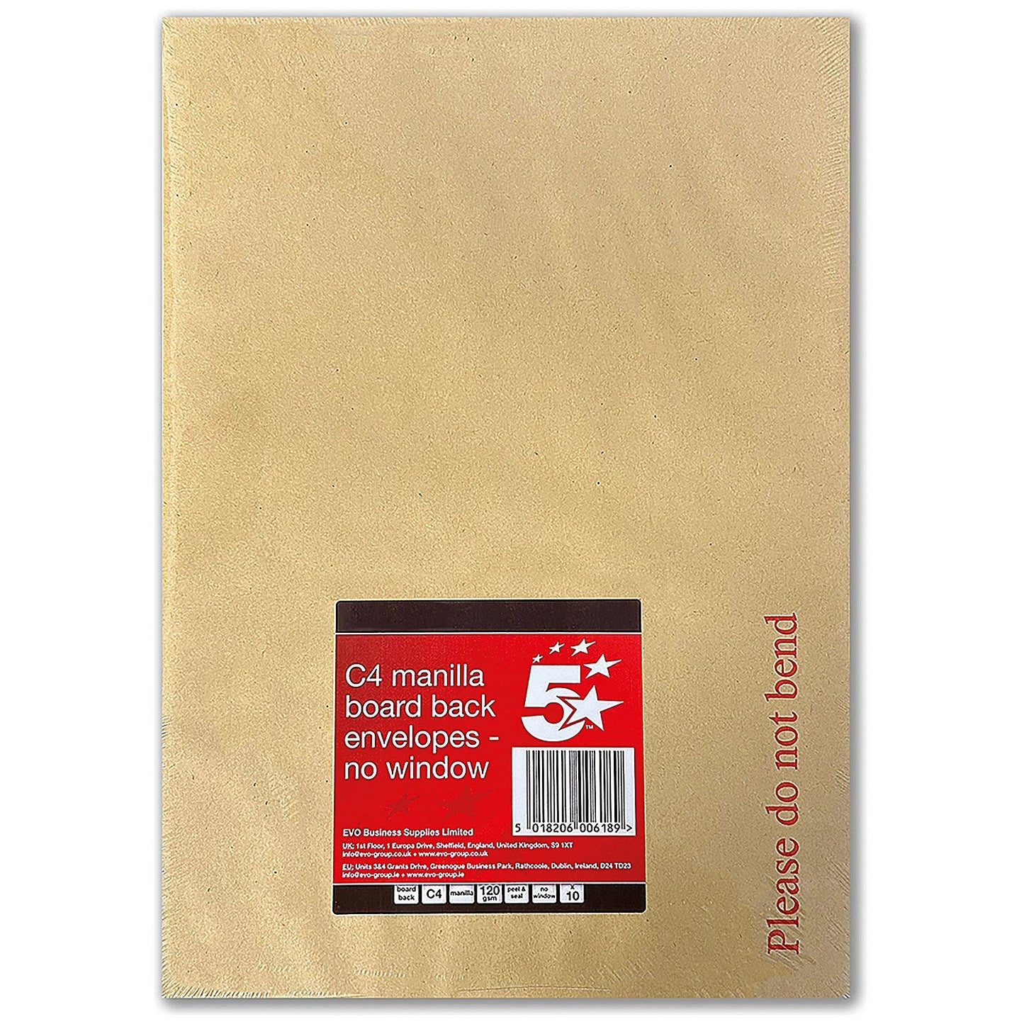 5 Star C4 Board Backed Envelopes, Peel and Seal, 120gsm, Manilla, Pack of 10