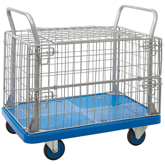 Proplaz Mesh Sided Platform Truck with Hinged Lid and Half Drop Side, 300kg Capacity